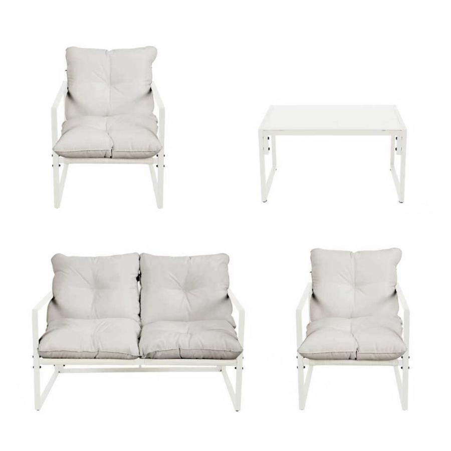 Set salotto da giardino 4 posti in acciaio bianco latte con cuscini - Squared