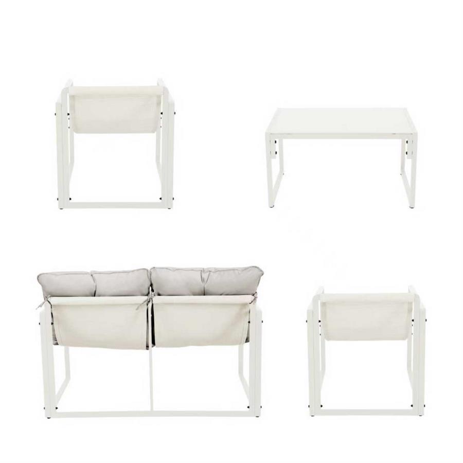 Set salotto da giardino 4 posti in acciaio bianco latte con cuscini - Squared