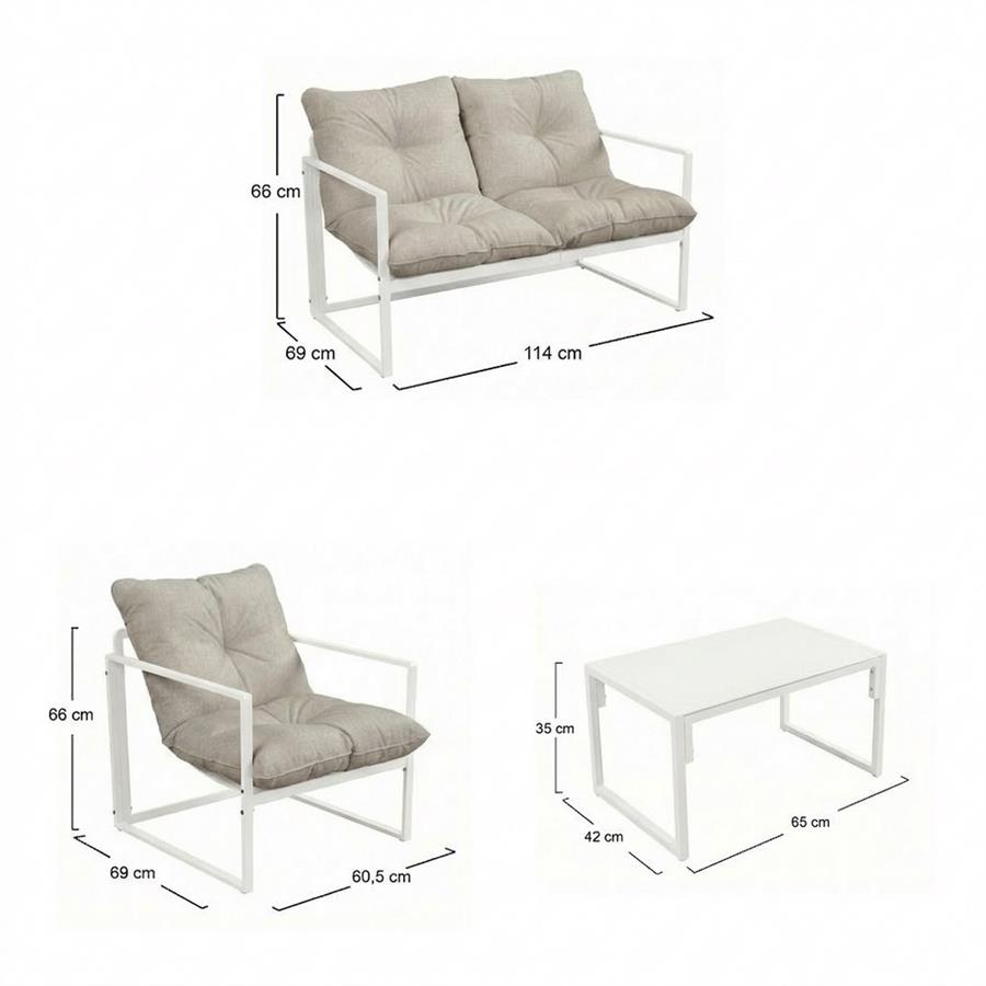 Set salotto da giardino 4 posti in acciaio bianco latte con cuscini - Squared