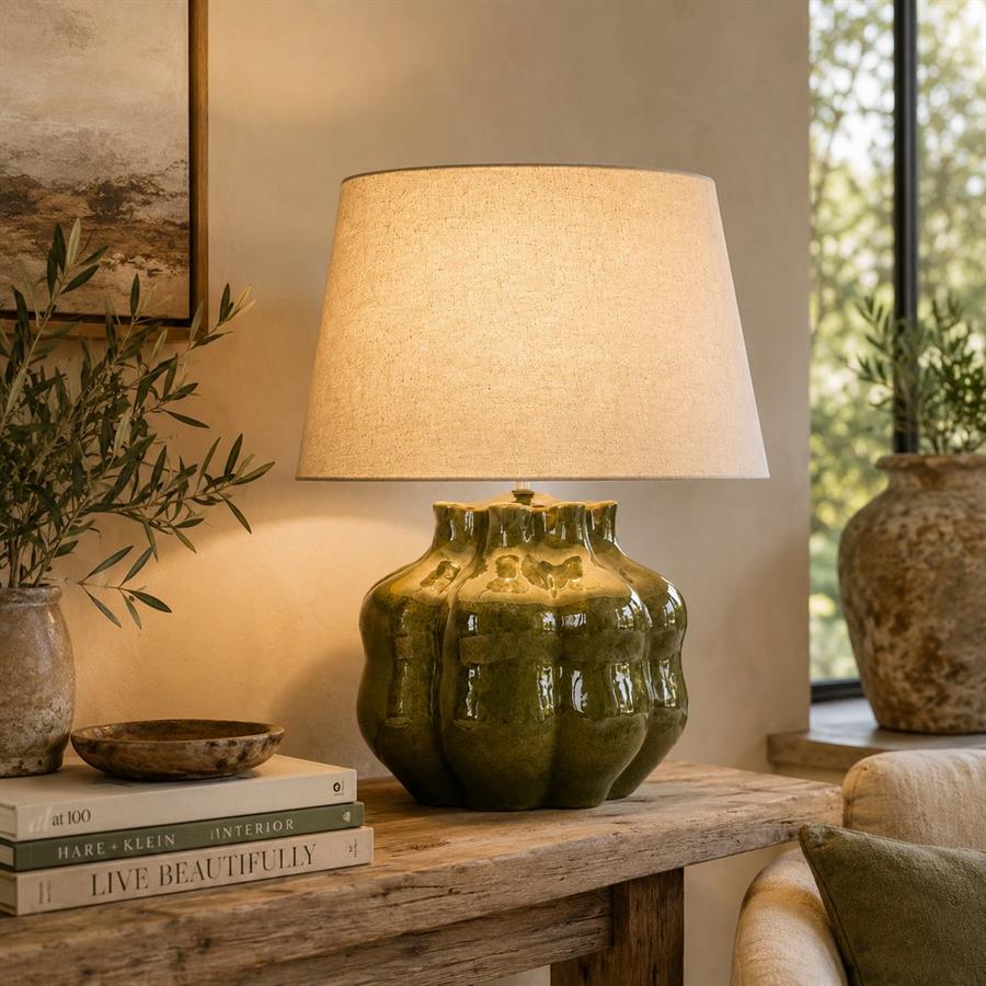 Lampada da tavolo in ceramica verde con paralume in tessuto beige 62,5 cm - Pomo