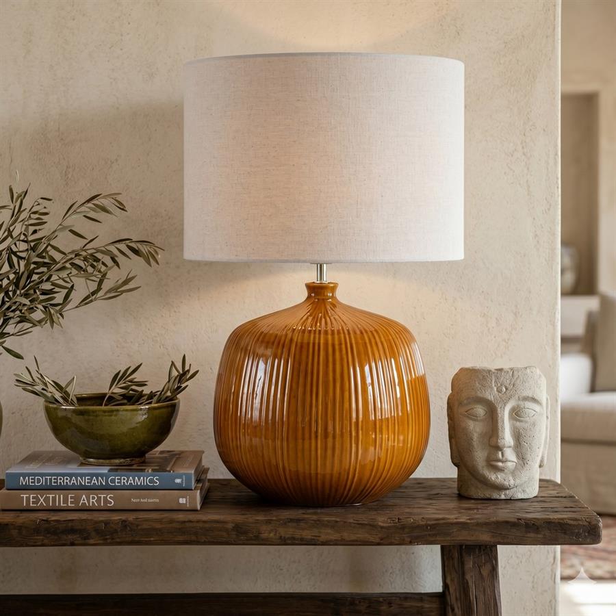 Lampada da tavolo in ceramica terracotta lavorata con paralume beige 50x50x70 cm - Elba