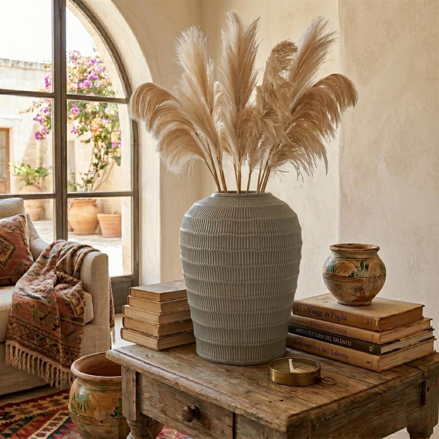 Vaso decorativo in ceramica grigia lavorata a rilievo 32x32x39,5 cm - Texta