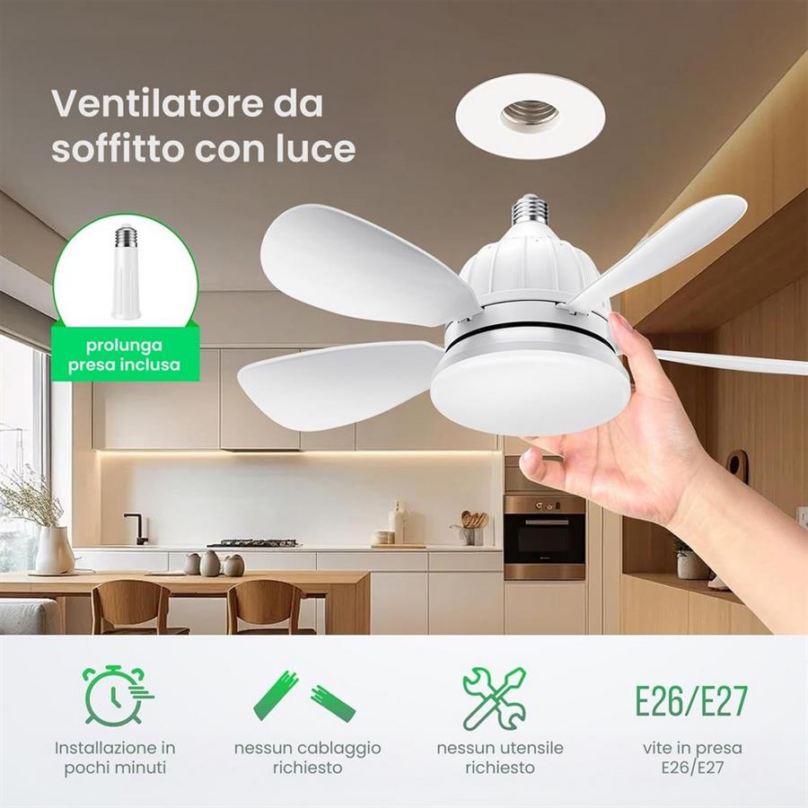 Ventilatore da soffitto con luce LED e telecomando 45,8 cm