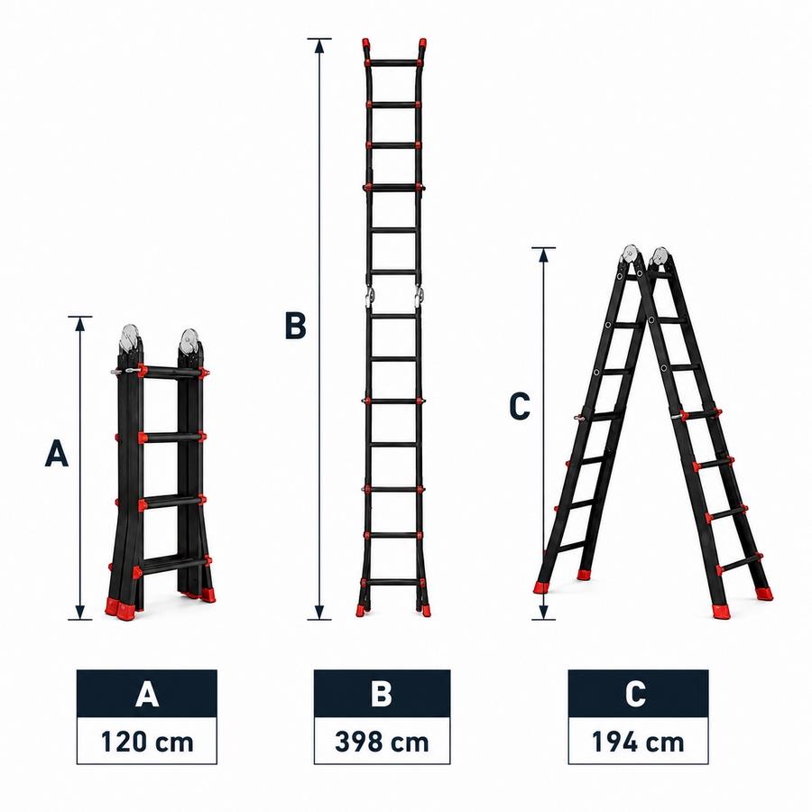 Scala telescopica multifunzione nera in alluminio 4+4 pioli 398 cm