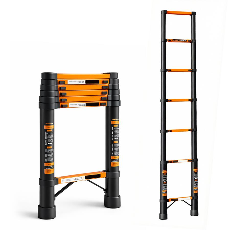 Scala telescopica singola nera e arancione in alluminio 2,6 m portata 150 kg