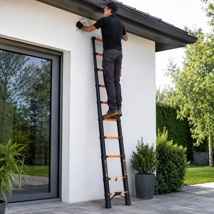 Scala telescopica singola nera e arancione in alluminio 2,6 m portata 150 kg