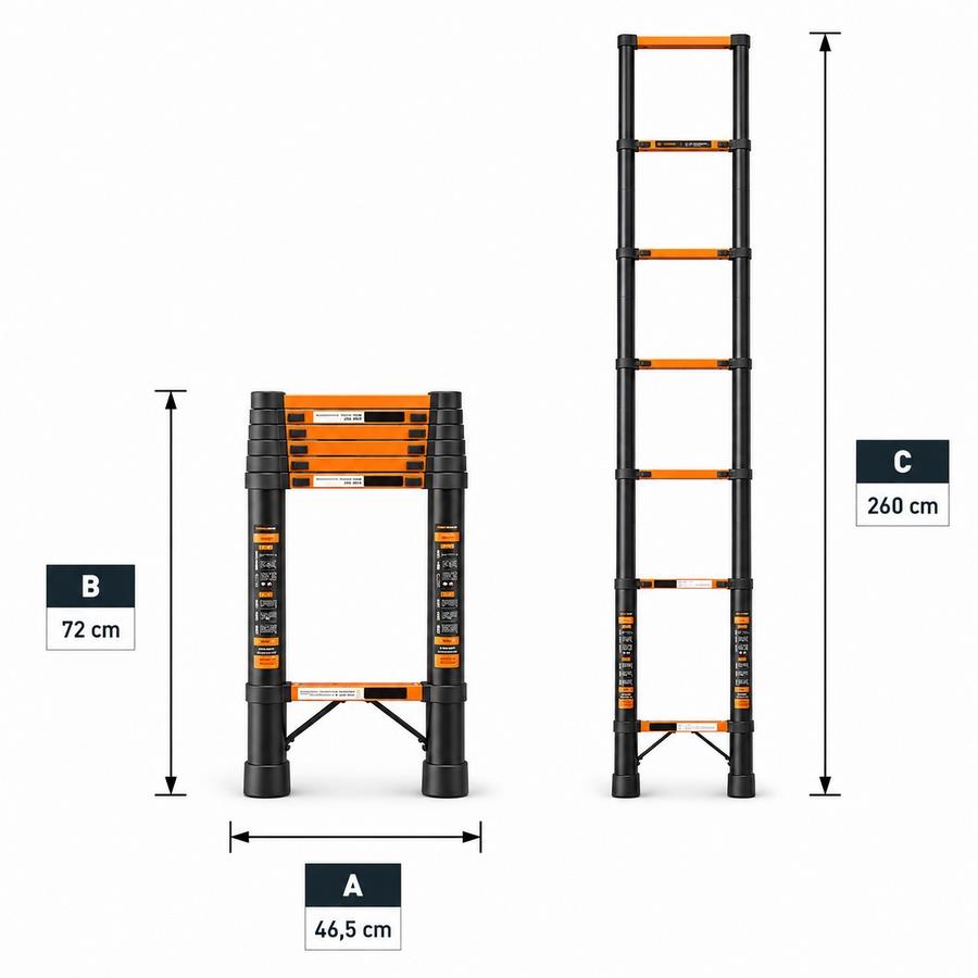 Scala telescopica singola nera e arancione in alluminio 2,6 m portata 150 kg