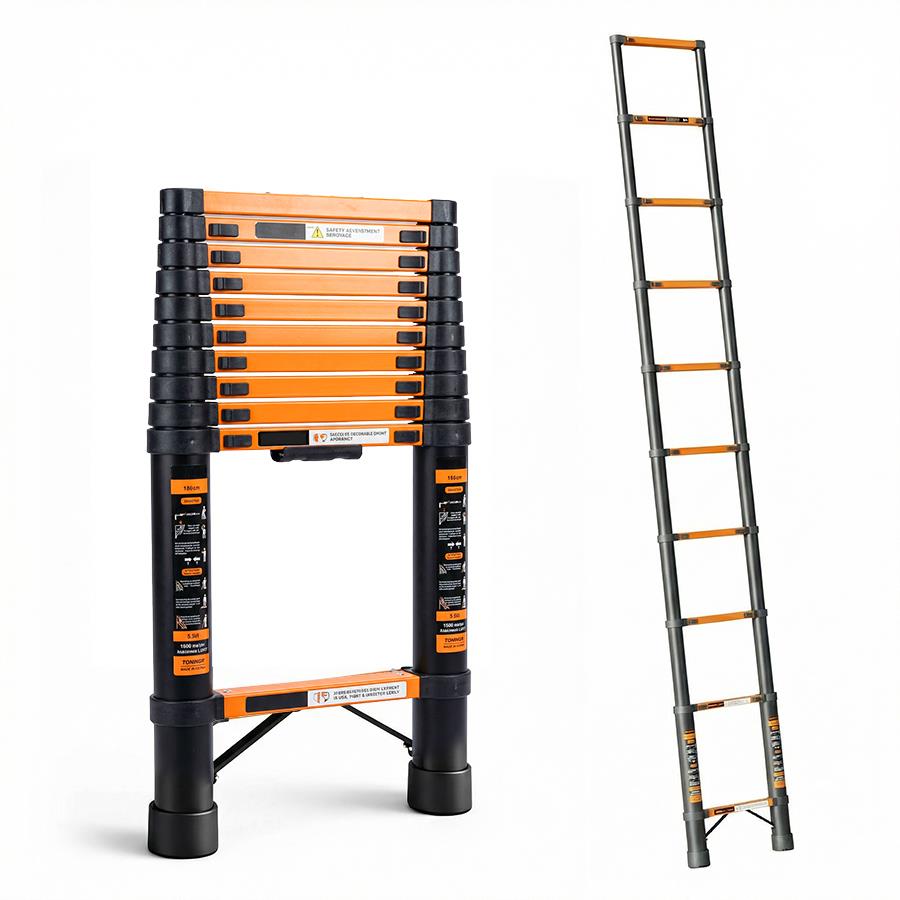Scala pieghevole singola nera e arancione in alluminio 3,8 m portata 150 kg
