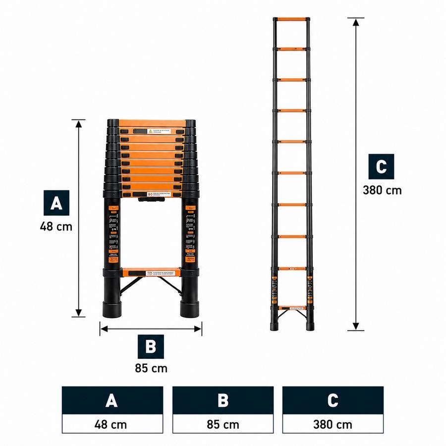 Scala pieghevole singola nera e arancione in alluminio 3,8 m portata 150 kg