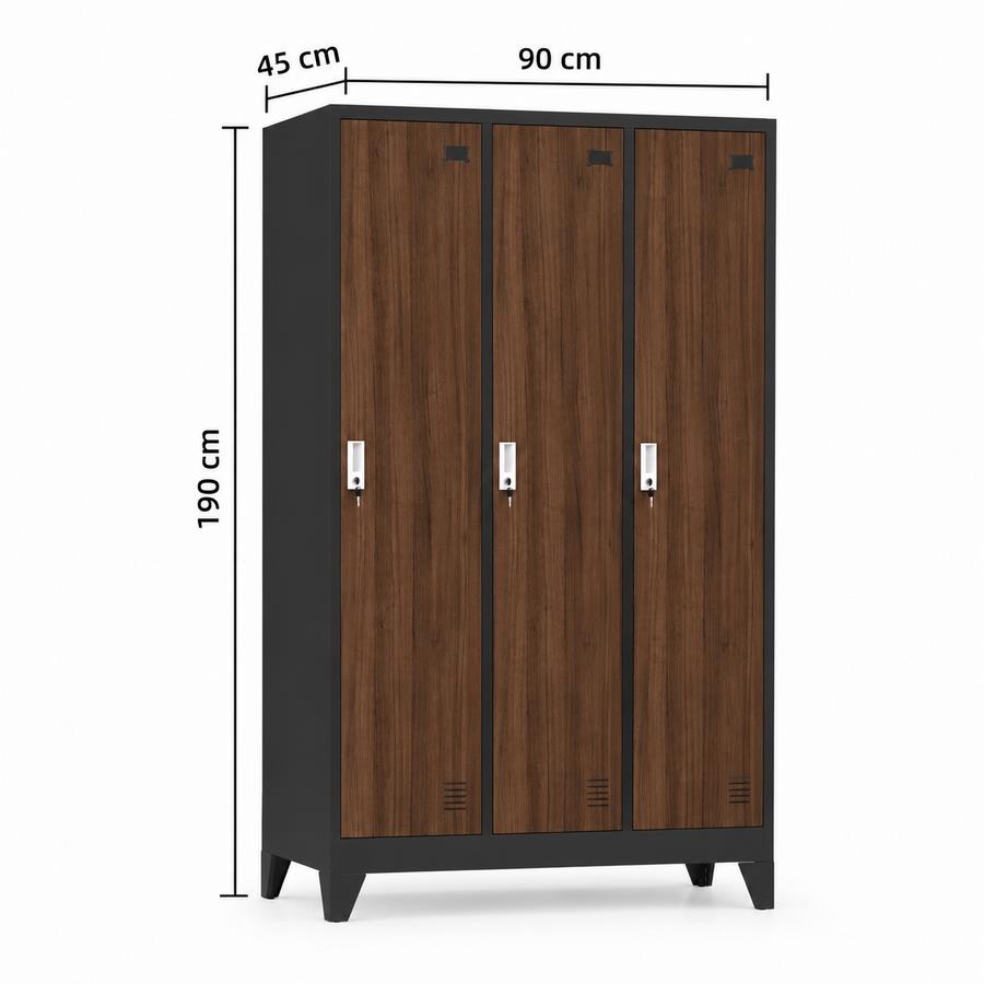 Armadietto in metallo 3 con ante noce e nero 90x45x190 cm - Yumi