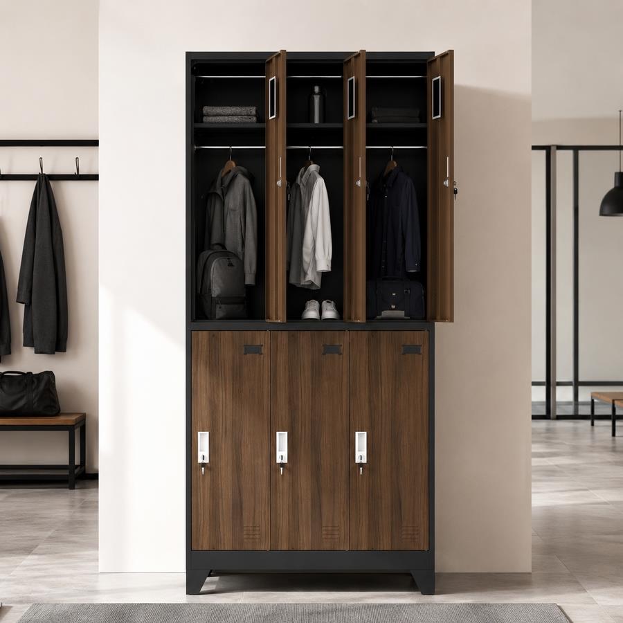 Armadietto spogliatoio metallico 6 ante noce e nero 90x45x190 cm - Yumi