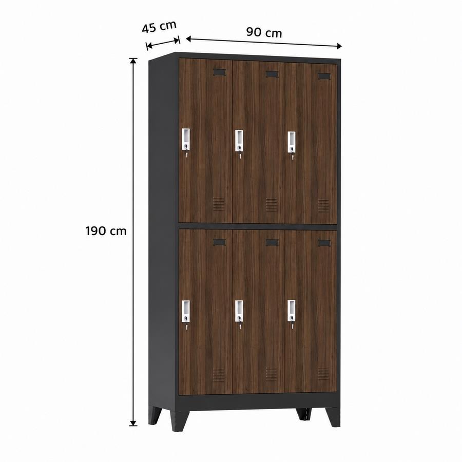 Armadietto spogliatoio metallico 6 ante noce e nero 90x45x190 cm - Yumi
