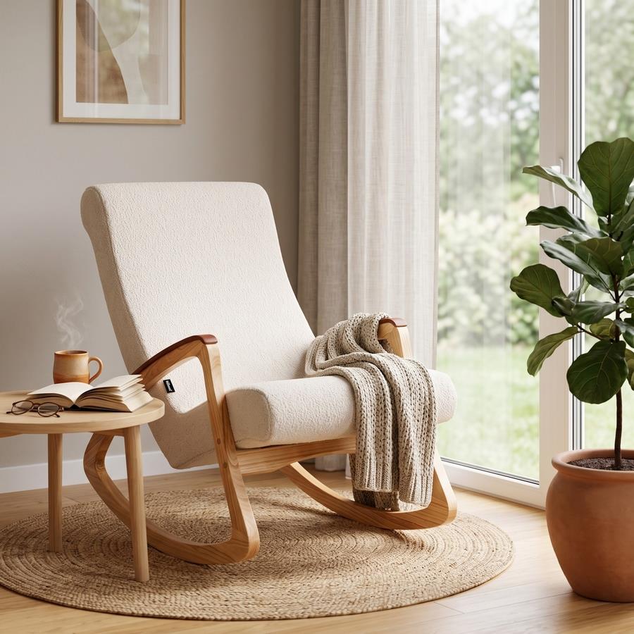 Sedia a dondolo in bouclé bianco con gambe in frassino 63x110x95 cm - Sini