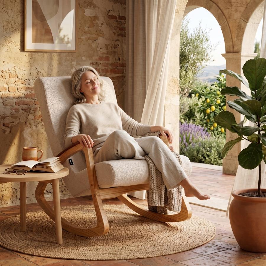 Sedia a dondolo in bouclé bianco con gambe in frassino 63x110x95 cm - Sini