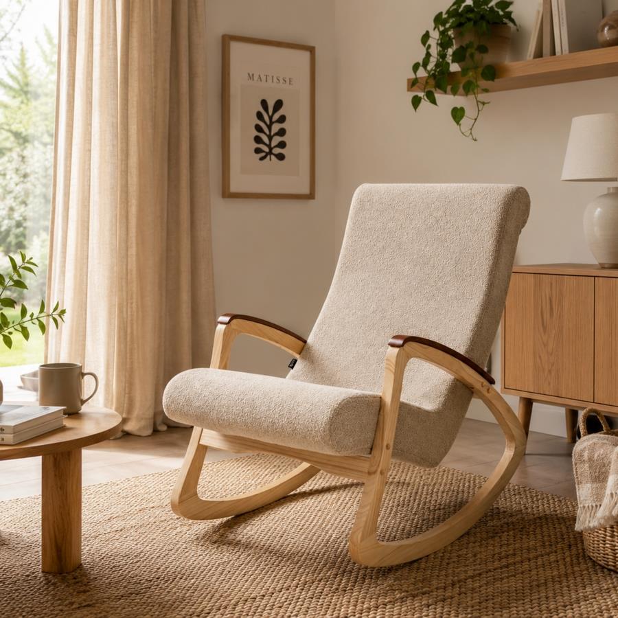 Dondolo in bouclé beige con gambe in frassino 63x110x95 cm - Sini
