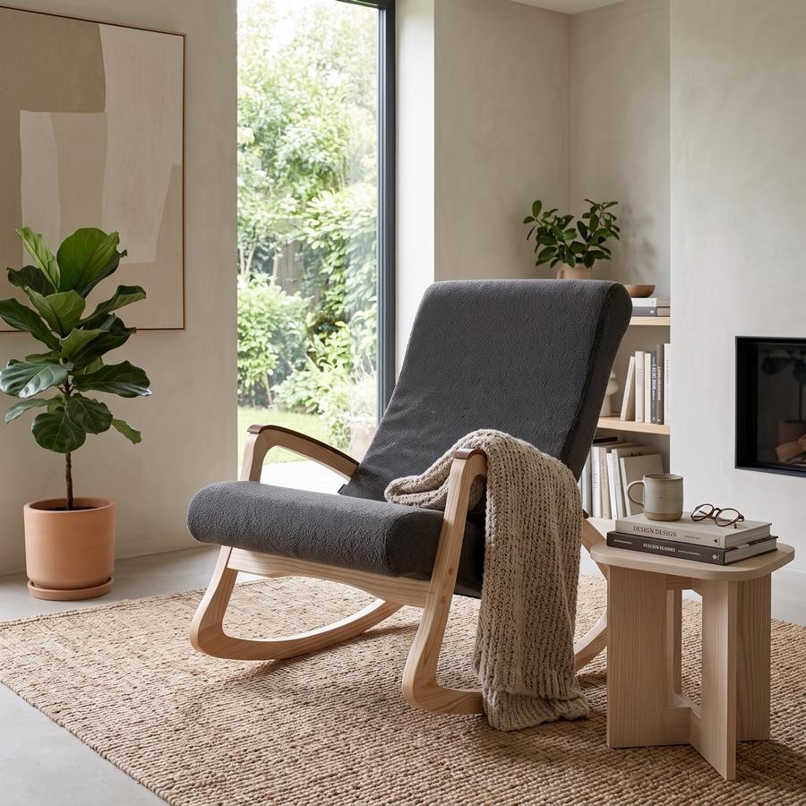 Poltrona a dondolo in bouclé grigio scuro con gambe in frassino 63x110x95 cm - Sini