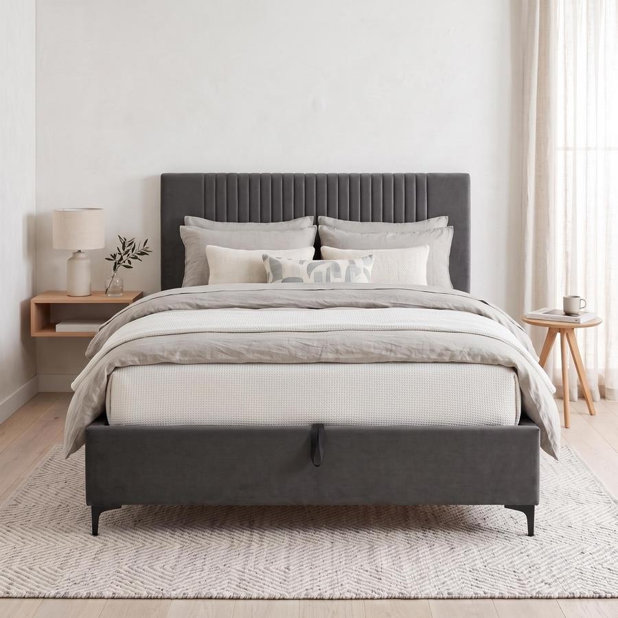 Letto matrimoniale imbottito grigio con contenitore 160x200 cm- Argo