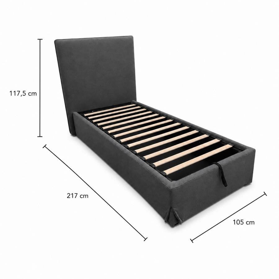 Letto singolo imbottito grigio con contenitore 80x200 cm - Dream