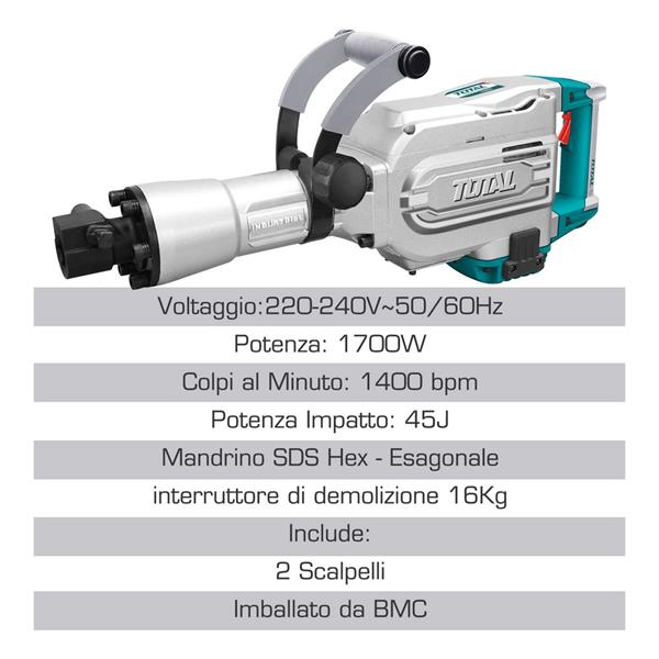 Martello demolitore SDS Hex da 1700W potenza 50J con 2 scalpelli e valigetta