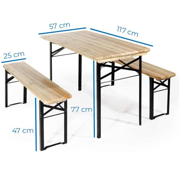 Set birreria con tavolo e due panche in legno per feste, sagre e giardino 117x57