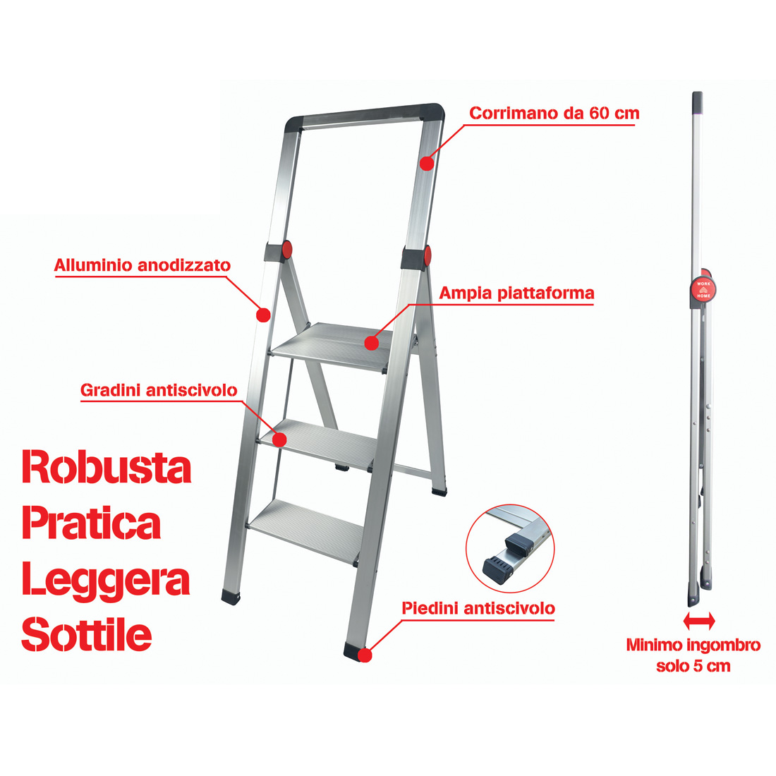 SCALETTA 3 GRADINI IN ALLUMINIO E PLASTICA BRACCI GIREVOLI