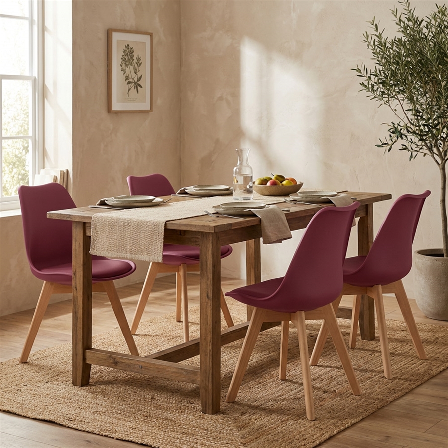 Tavoli Hela Flora - Set Di 4 Sedie Da Cucina In Ecopelle Bordeaux, Struttura In Tubolare Cromato, Schienale Con Maniglia, Portata 120 Kg